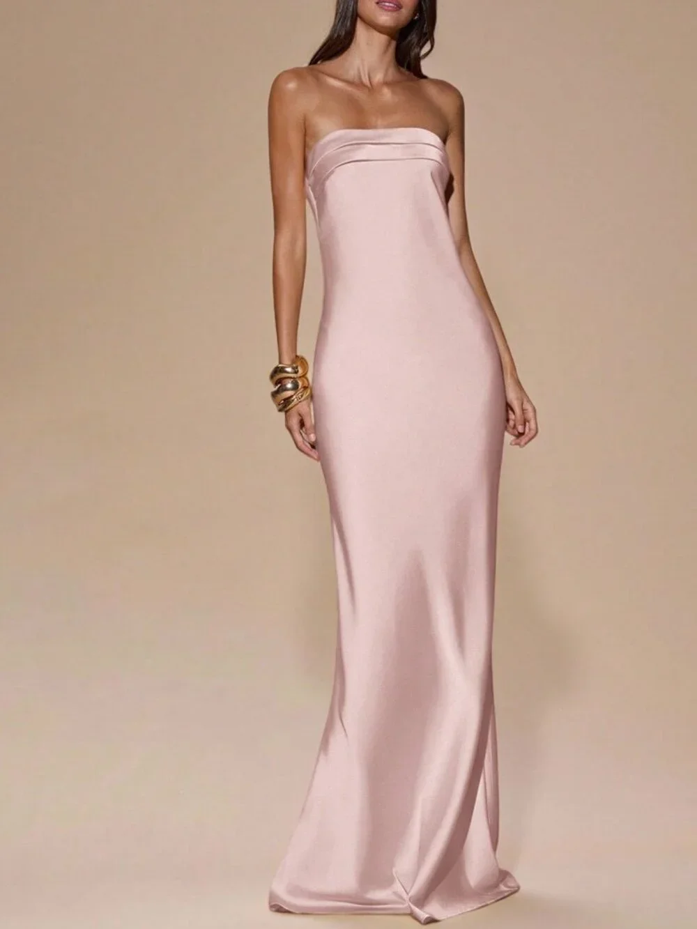 Pink Women's Minimalist Strapless Satin Dress - Picture 4 of 6